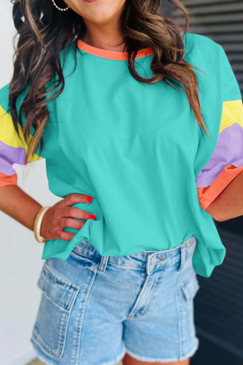 Color Block Round Neck Half Sleeve T - Shirt - Loulou Boutique