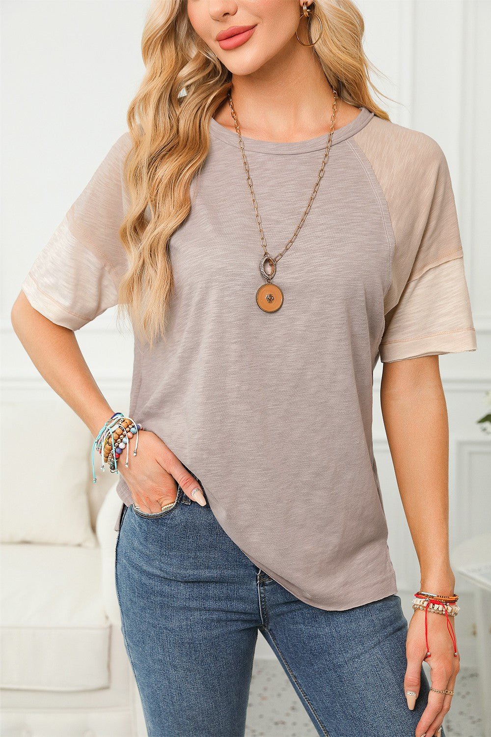 Color Block Round Neck Half Sleeve Top - Loulou Boutique