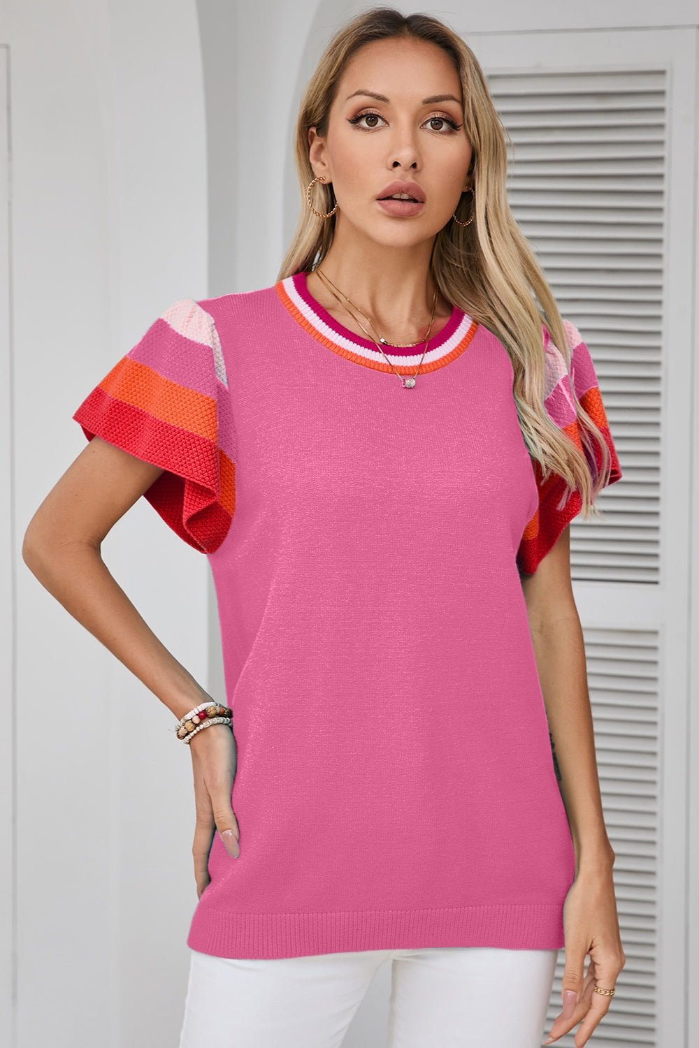 Color Block Round Neck Knit Top - Loulou Boutique