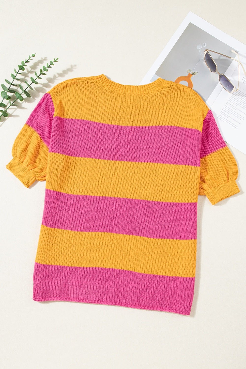 Color Block Round Neck Short Sleeve Knit Top - Loulou Boutique