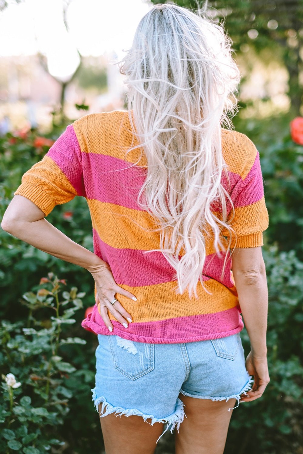 Color Block Round Neck Short Sleeve Knit Top - Loulou Boutique