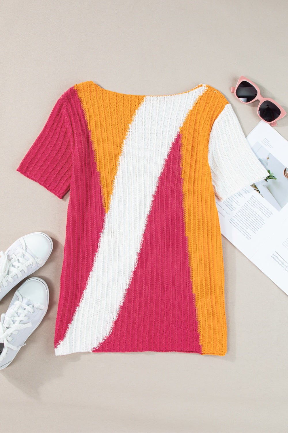 Color Block Round Neck Short Sleeve Knit Top - Loulou Boutique