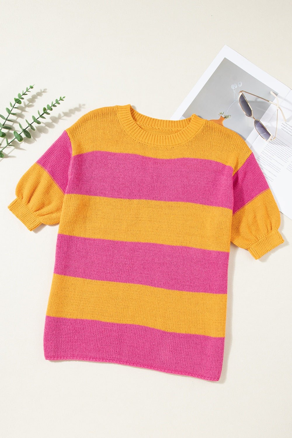 Color Block Round Neck Short Sleeve Knit Top - Loulou Boutique