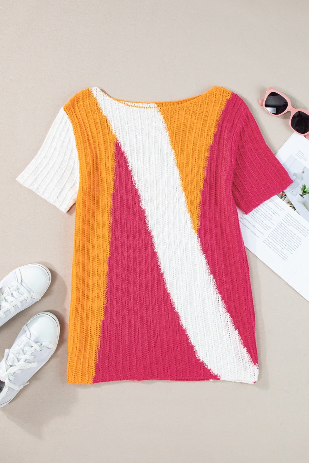 Color Block Round Neck Short Sleeve Knit Top - Loulou Boutique