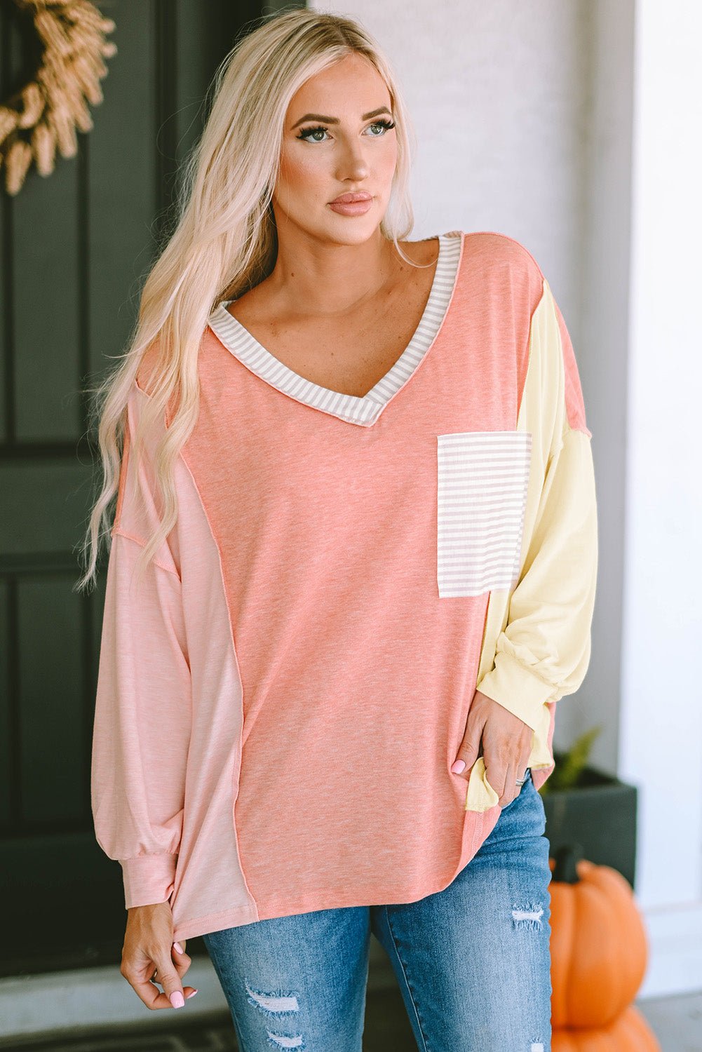 Color Block V - Neck Dropped Shoulder Sweatshirt with Pocket - Loulou Boutique