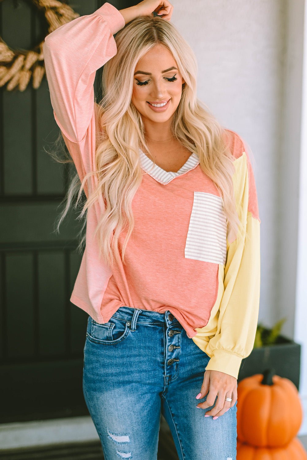 Color Block V - Neck Dropped Shoulder Sweatshirt with Pocket - Loulou Boutique