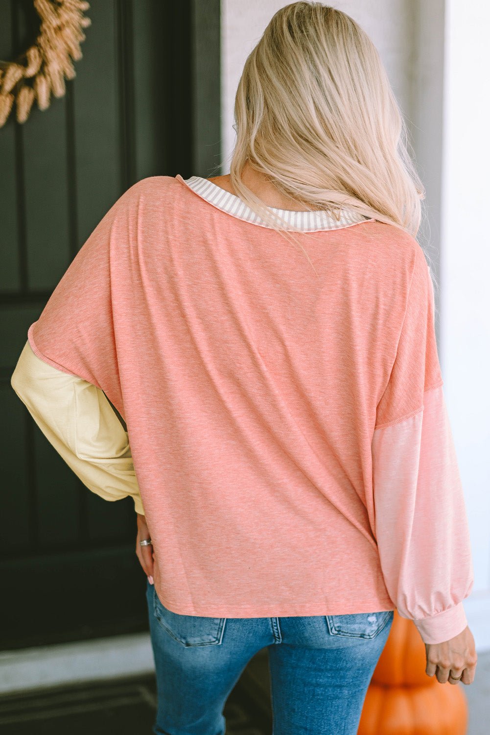 Color Block V - Neck Dropped Shoulder Sweatshirt with Pocket - Loulou Boutique