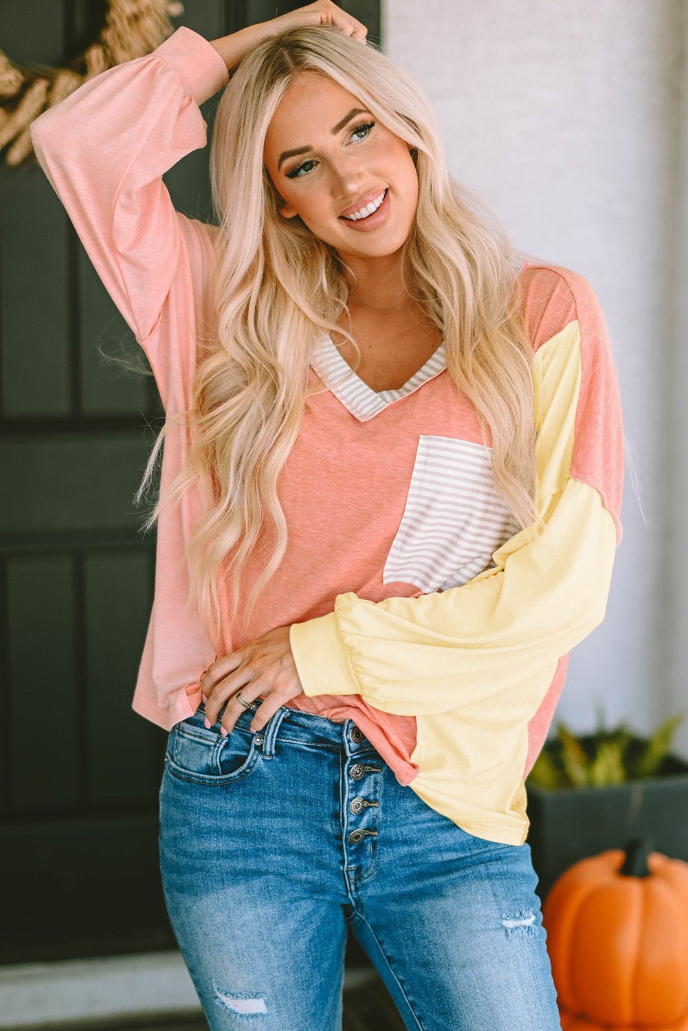 Color Block V - Neck Dropped Shoulder Sweatshirt with Pocket - Loulou Boutique