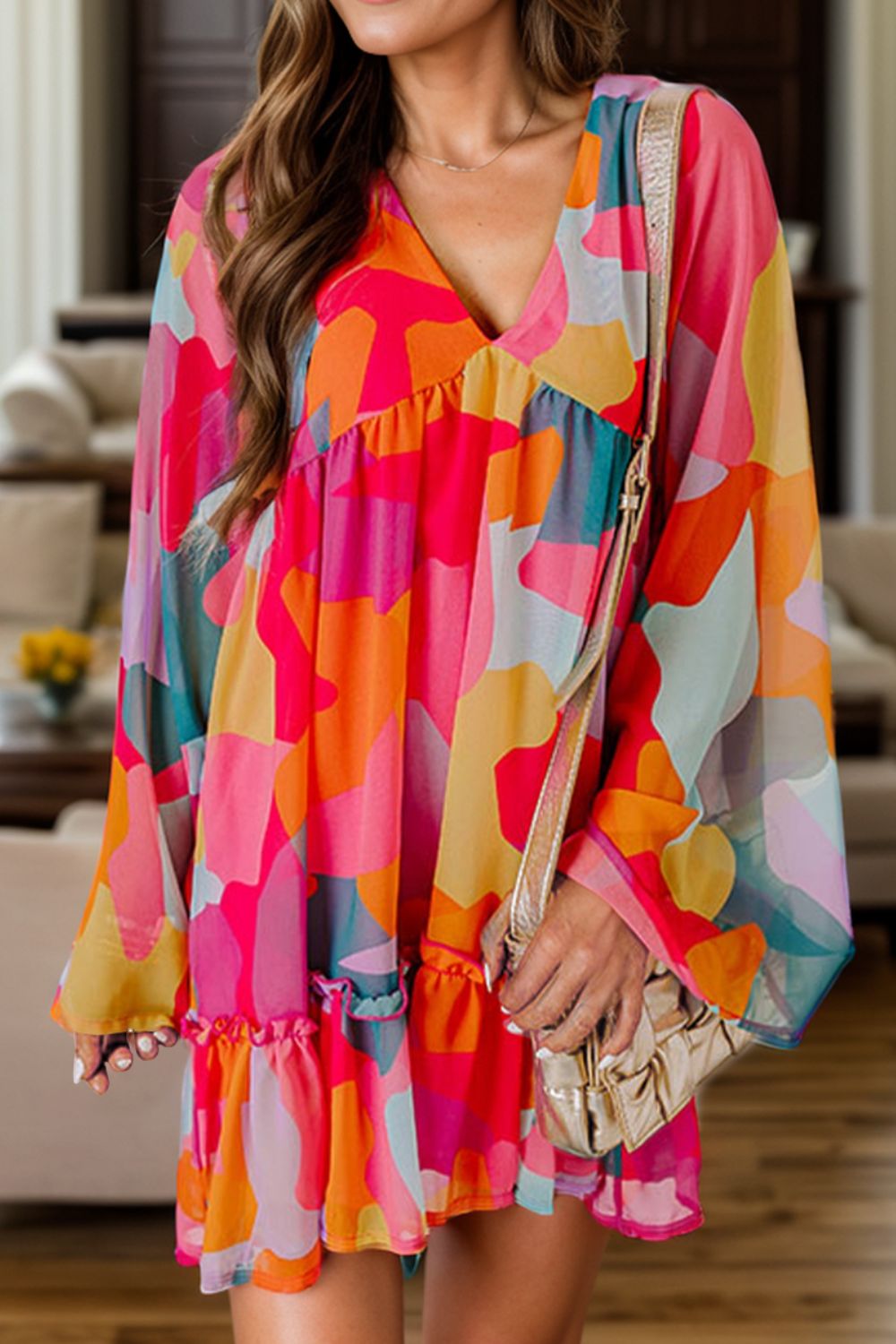 Color Block V - Neck Long Sleeve Dress - Loulou Boutique