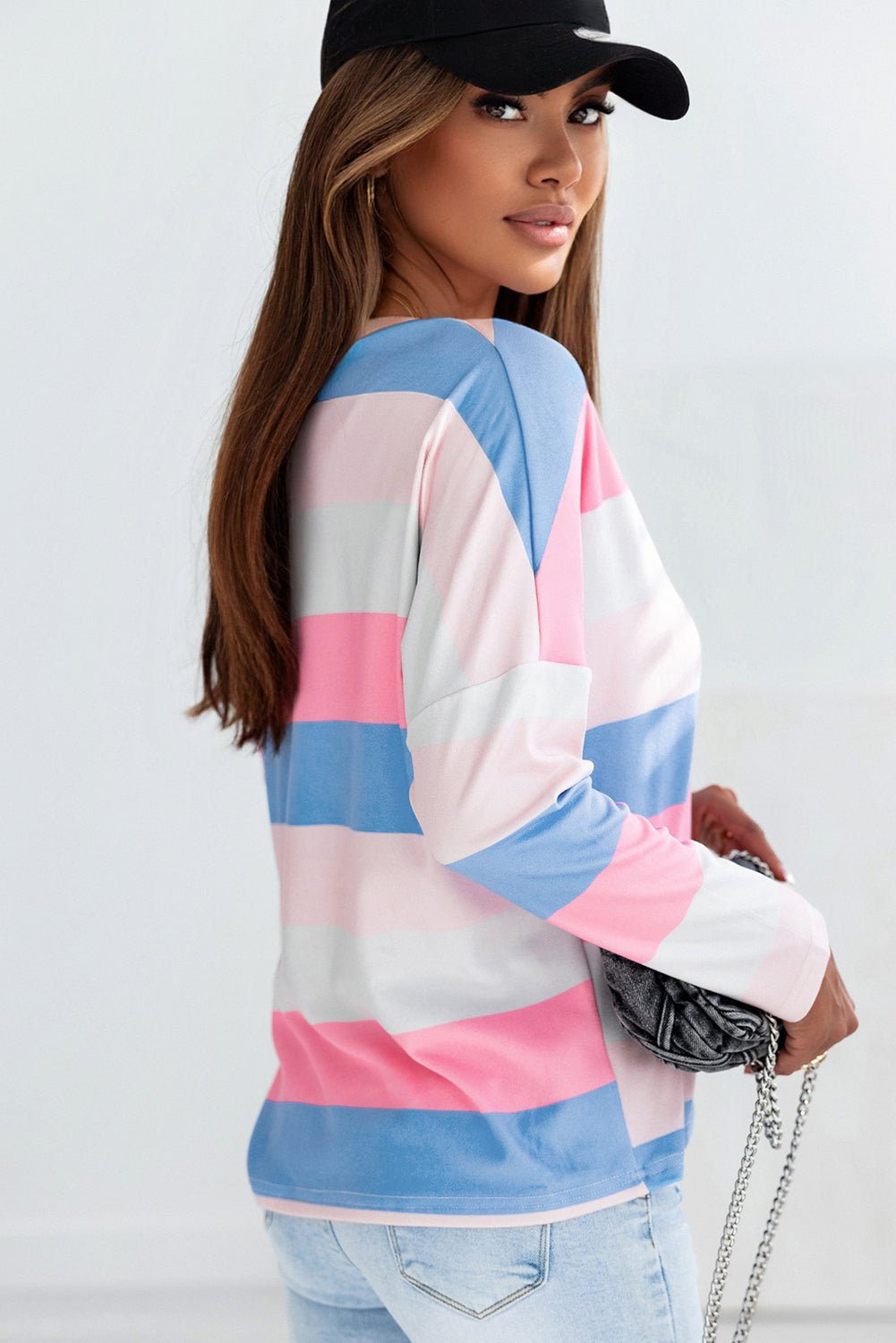 Color Block V - Neck Long Sleeve T - Shirt - Loulou Boutique