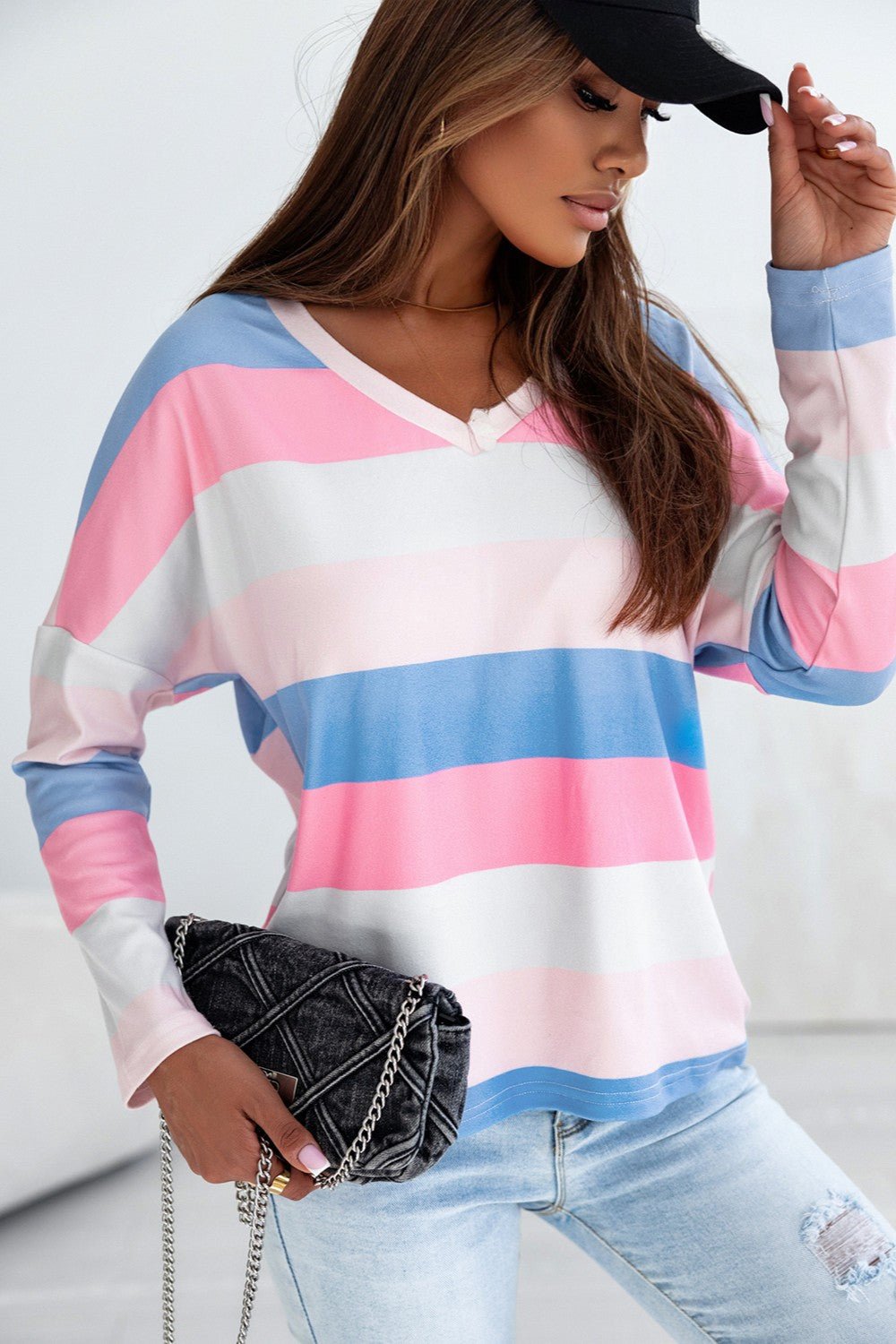 Color Block V - Neck Long Sleeve T - Shirt - Loulou Boutique