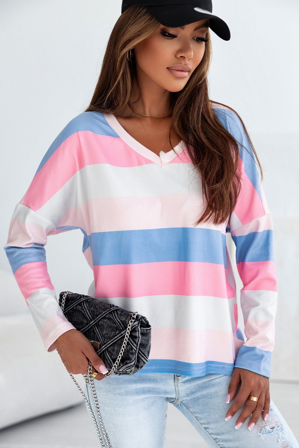 Color Block V - Neck Long Sleeve T - Shirt - Loulou Boutique