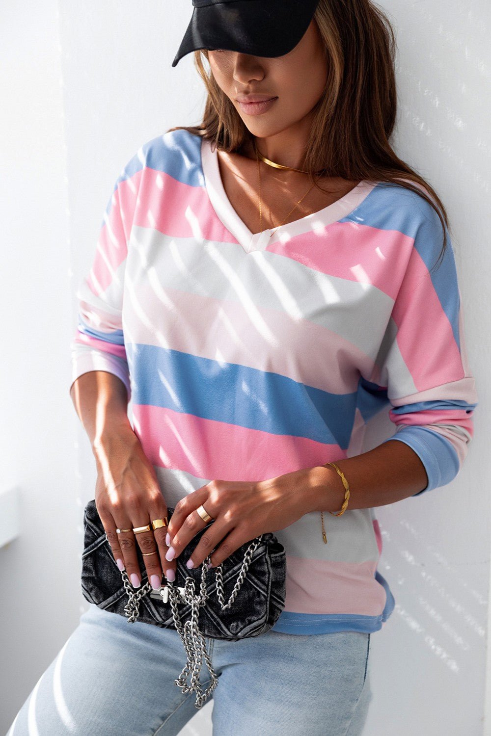 Color Block V - Neck Long Sleeve T - Shirt - Loulou Boutique