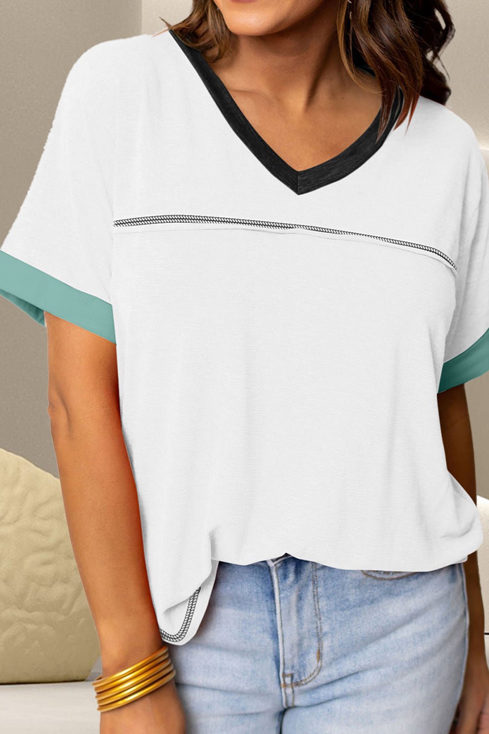 Color Block V - Neck Short Sleeve T - Shirt - Loulou Boutique