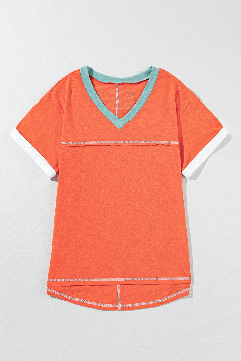 Color Block V - Neck Short Sleeve T - Shirt - Loulou Boutique