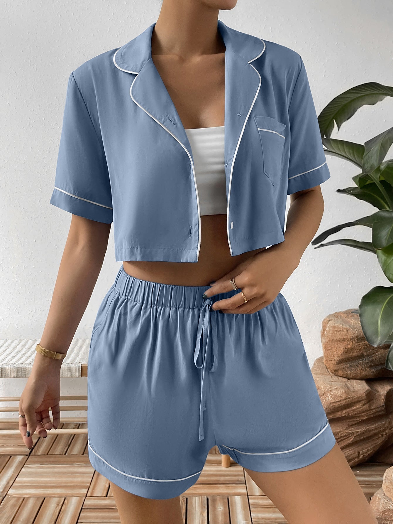 Contrast Lapel Collar Cropped Shirt and Shorts Lounge Set - Loulou Boutique