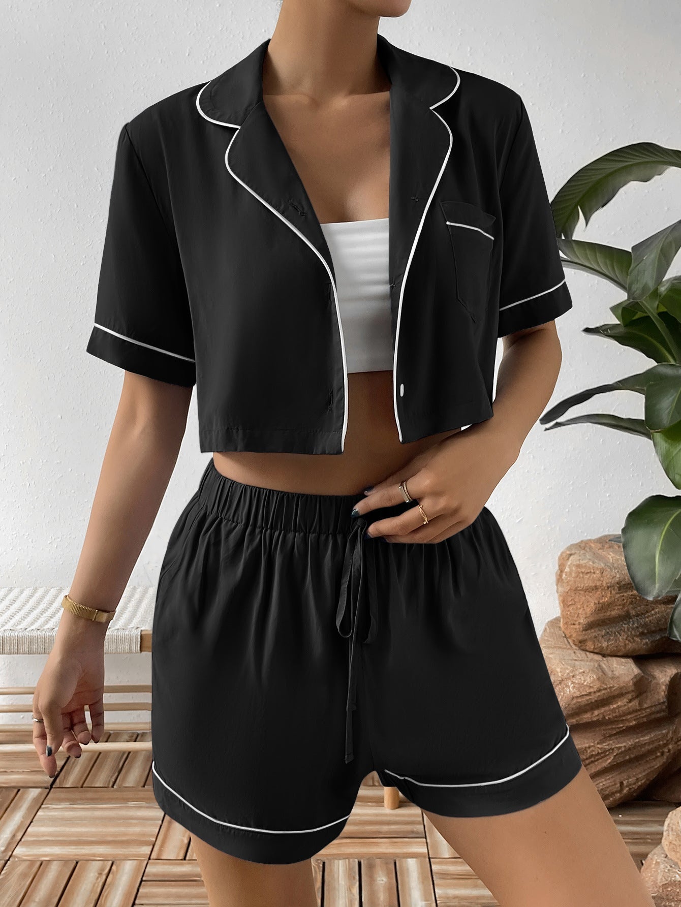 Contrast Lapel Collar Cropped Shirt and Shorts Lounge Set - Loulou Boutique