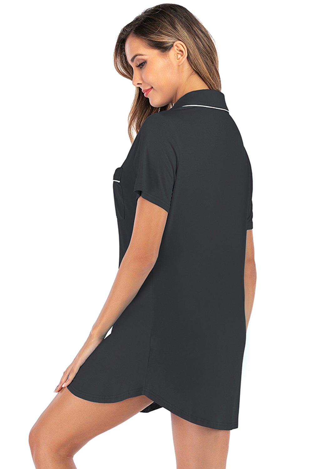 Contrast Piping Pocketed Short Sleeve Lounge Dress - Loulou Boutique