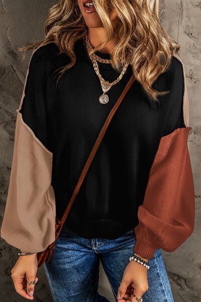 Contrast Round Neck Dropped Shoulder Sweater - Loulou Boutique