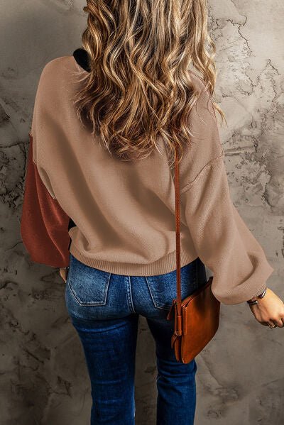 Contrast Round Neck Dropped Shoulder Sweater - Loulou Boutique