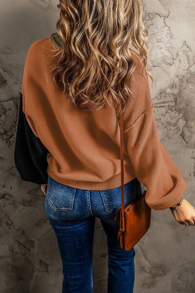 Contrast Round Neck Dropped Shoulder Sweater - Loulou Boutique