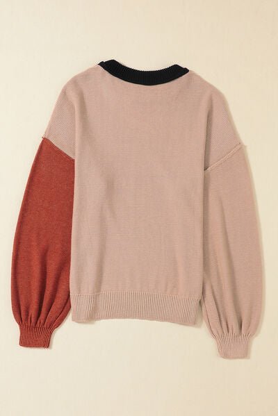 Contrast Round Neck Dropped Shoulder Sweater - Loulou Boutique
