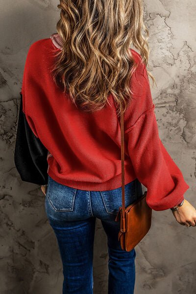 Contrast Round Neck Dropped Shoulder Sweater - Loulou Boutique
