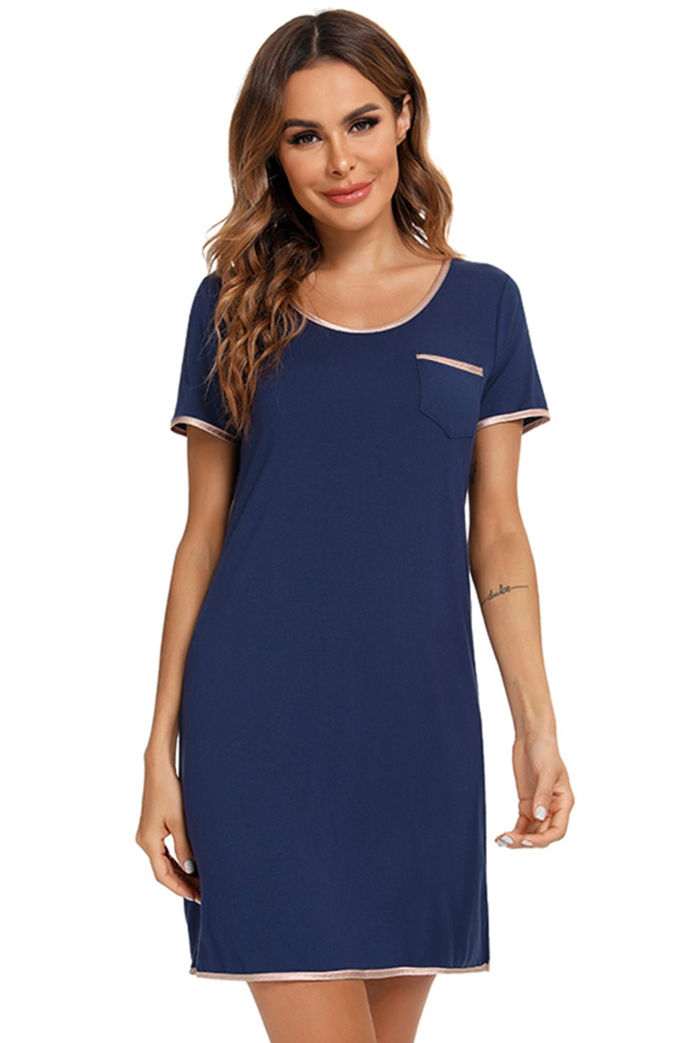 Contrast Trim Pocketed Round Neck Lounge Dress - Loulou Boutique