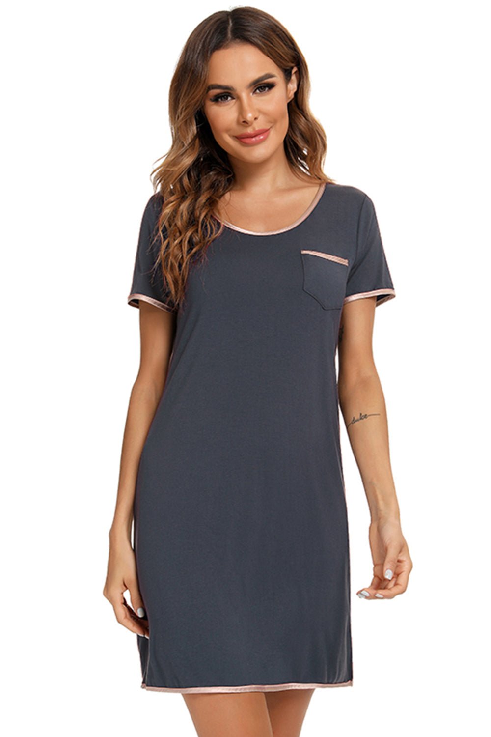 Contrast Trim Pocketed Round Neck Lounge Dress - Loulou Boutique