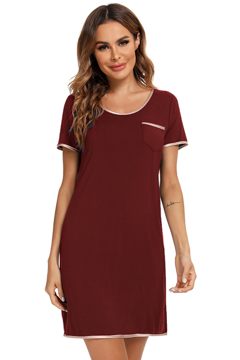 Contrast Trim Pocketed Round Neck Lounge Dress - Loulou Boutique