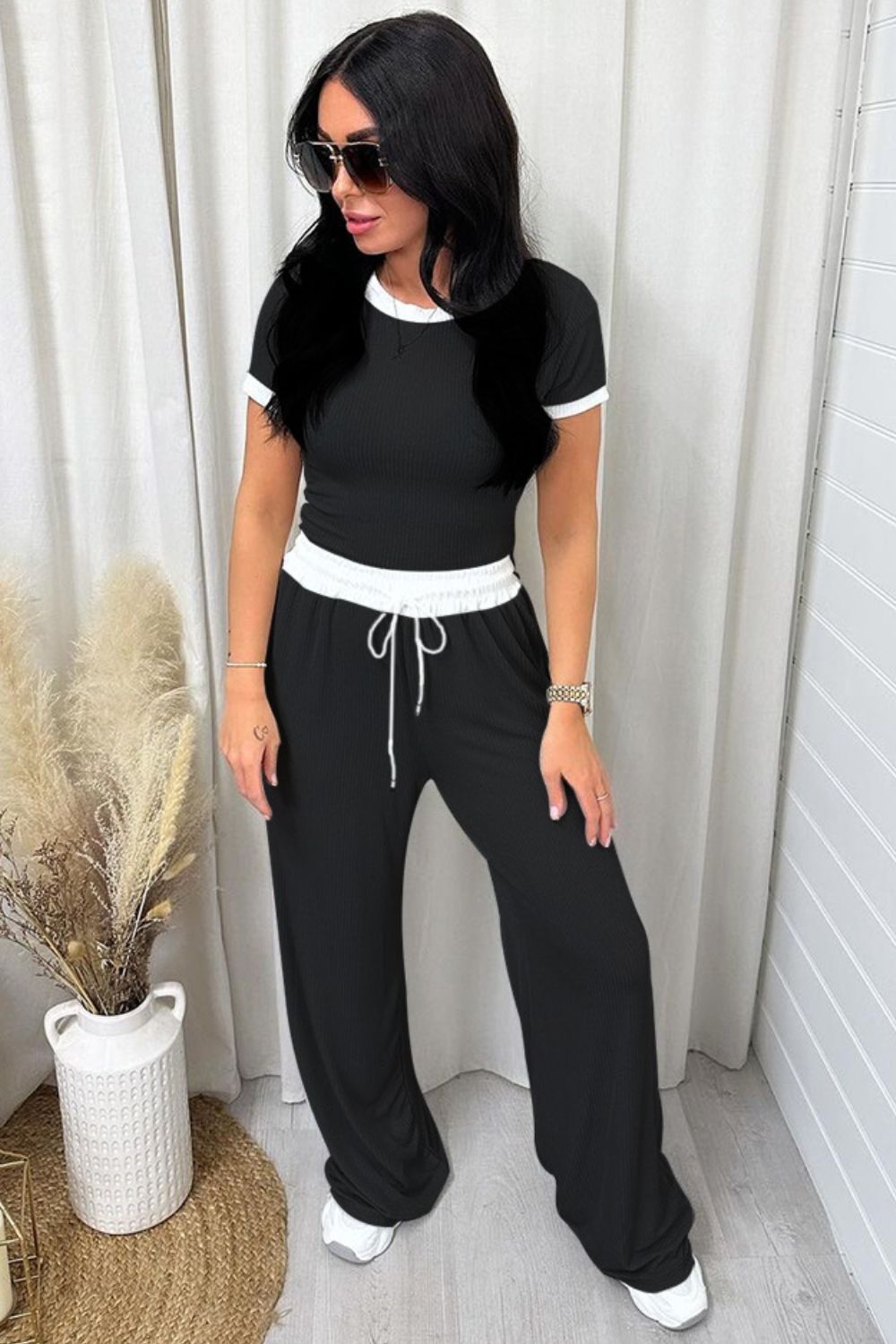 Contrast Trim Round Neck Top and Pants Set - Loulou Boutique