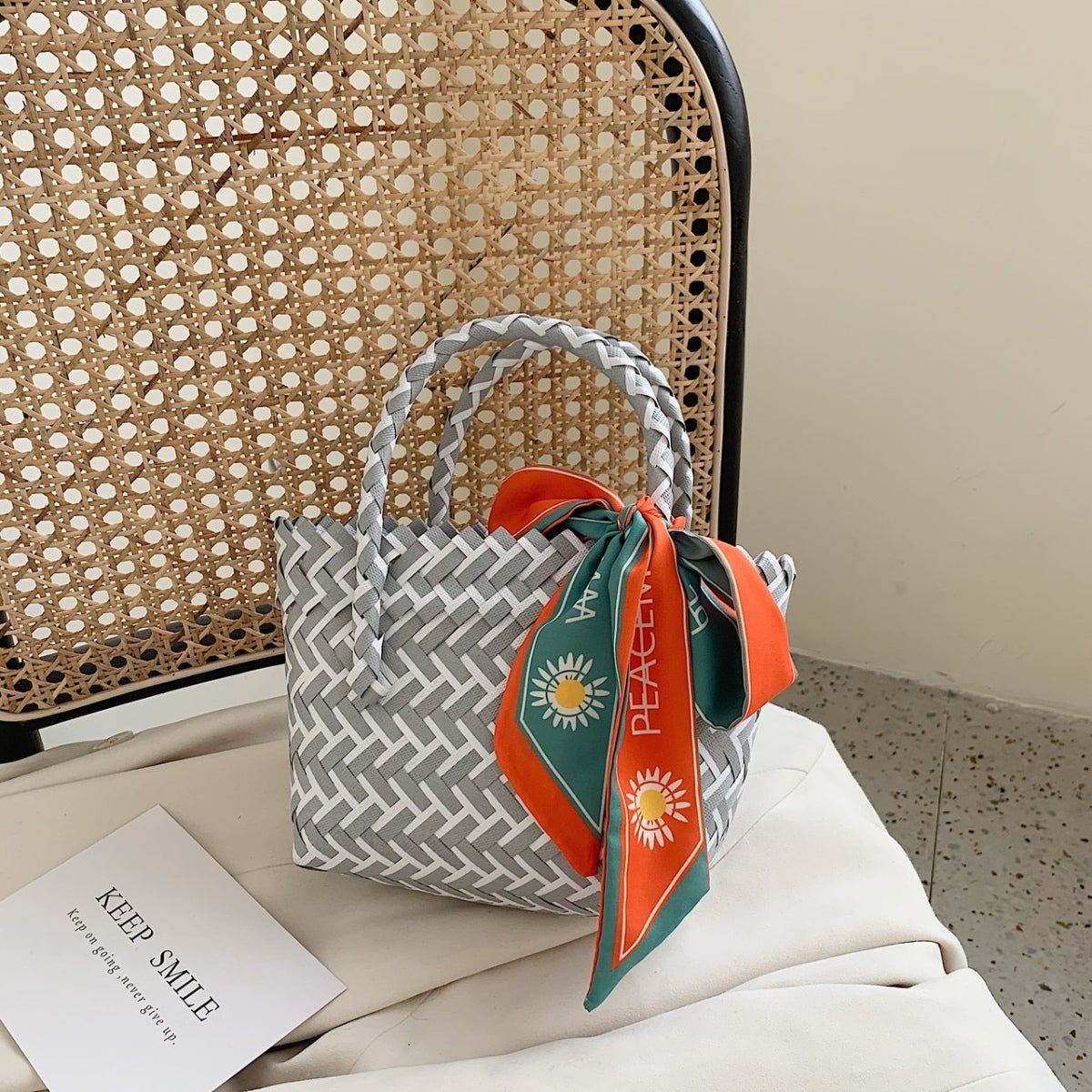 Contrast Woven Handbag with Ribbon - Loulou Boutique