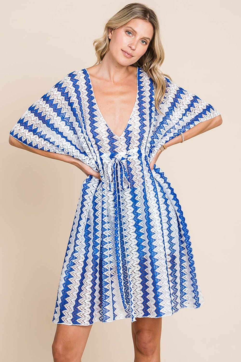 Cotton Bleu by Nu Lab Tied Striped Plunge Half Sleeve Cover - Up - Loulou Boutique