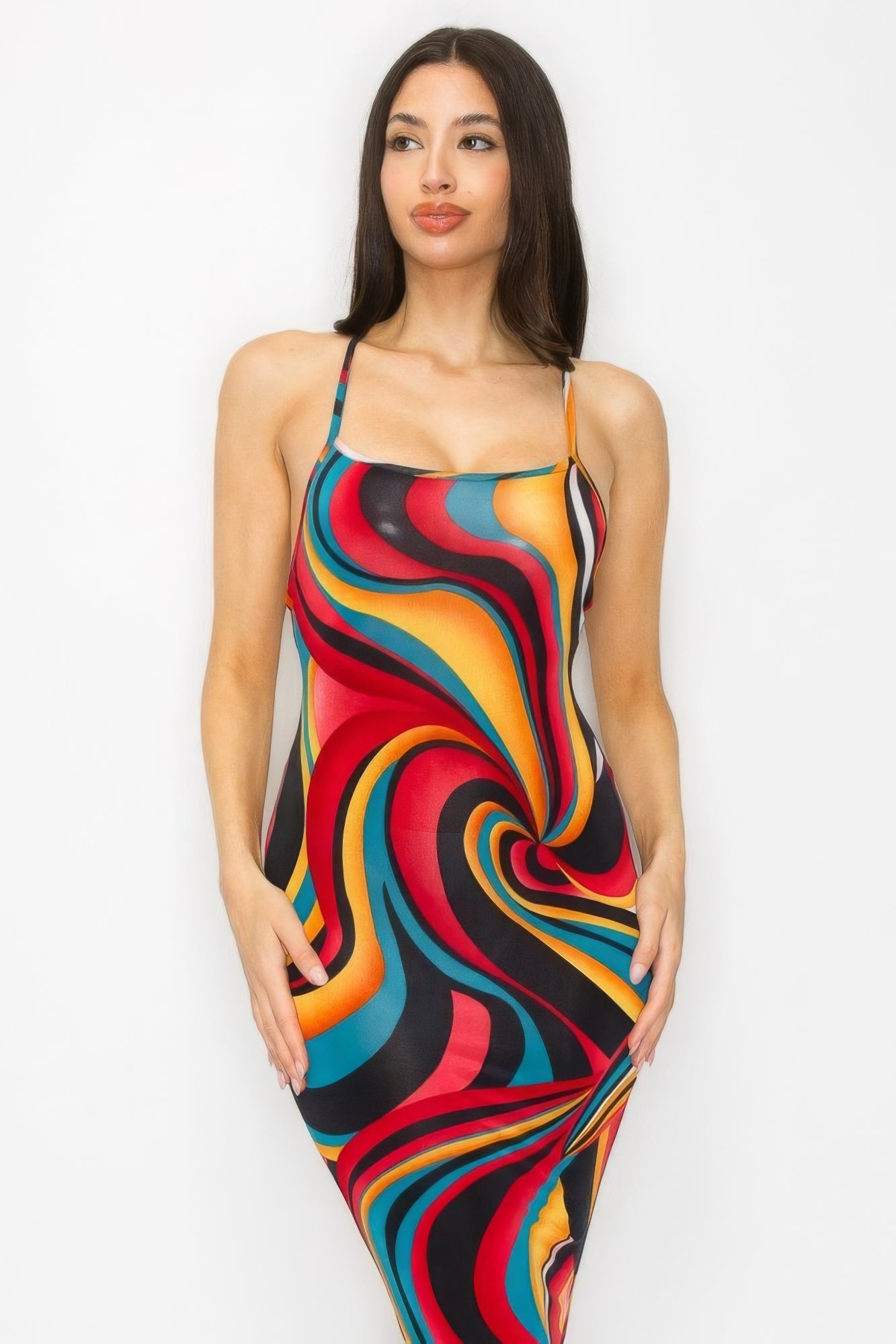 Crossed Back Marble Print Multicolor Midi Dress - Loulou Boutique