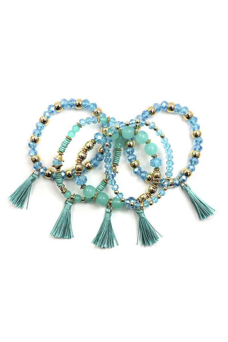 Crystal Stone Ball Bead Tassel Stretch Bracelet Set - Loulou Boutique