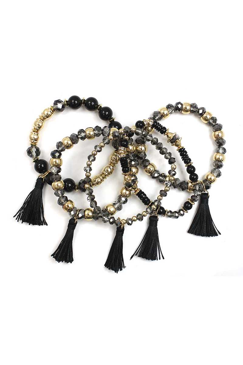 Crystal Stone Ball Bead Tassel Stretch Bracelet Set - Loulou Boutique