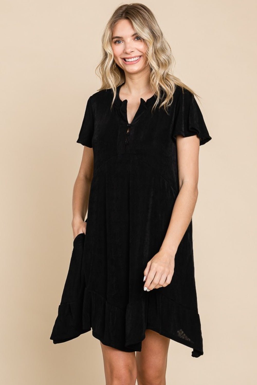 Culture Code Full Size Notched Short Sleeve Dress - Loulou Boutique
