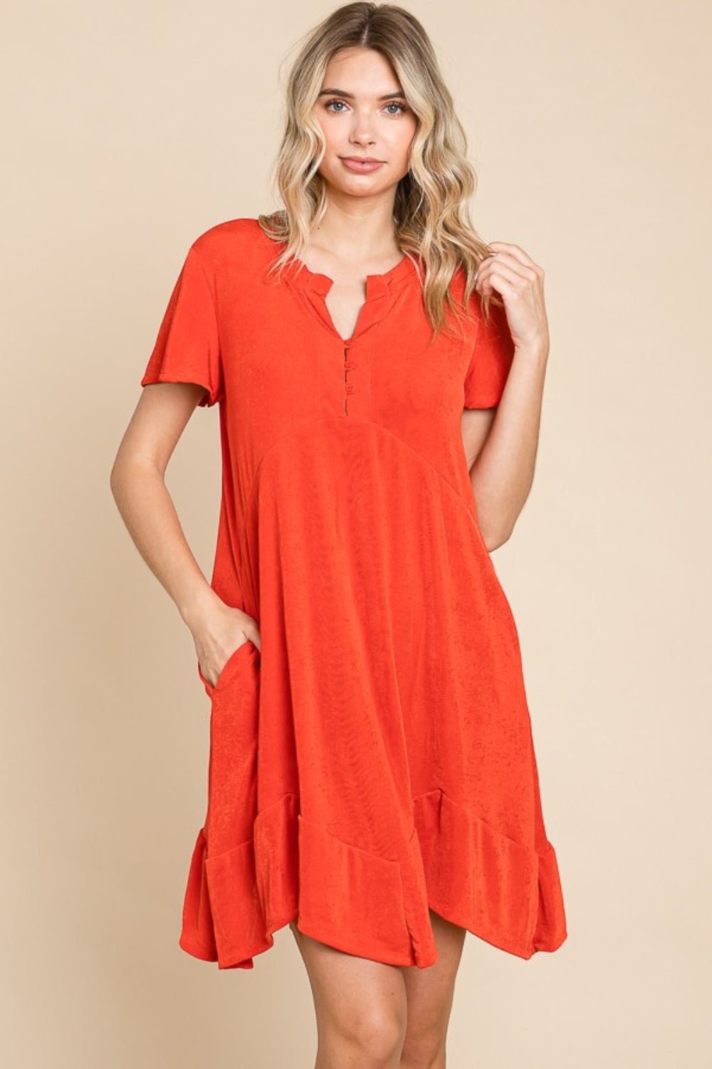 Culture Code Full Size Notched Short Sleeve Dress - Loulou Boutique