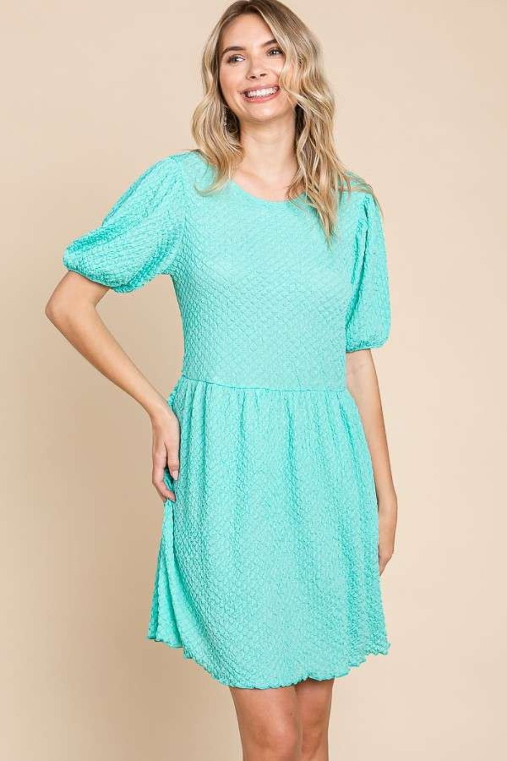 Culture Code Full Size Textured Round Neck Puff Sleeve Dress - Loulou Boutique