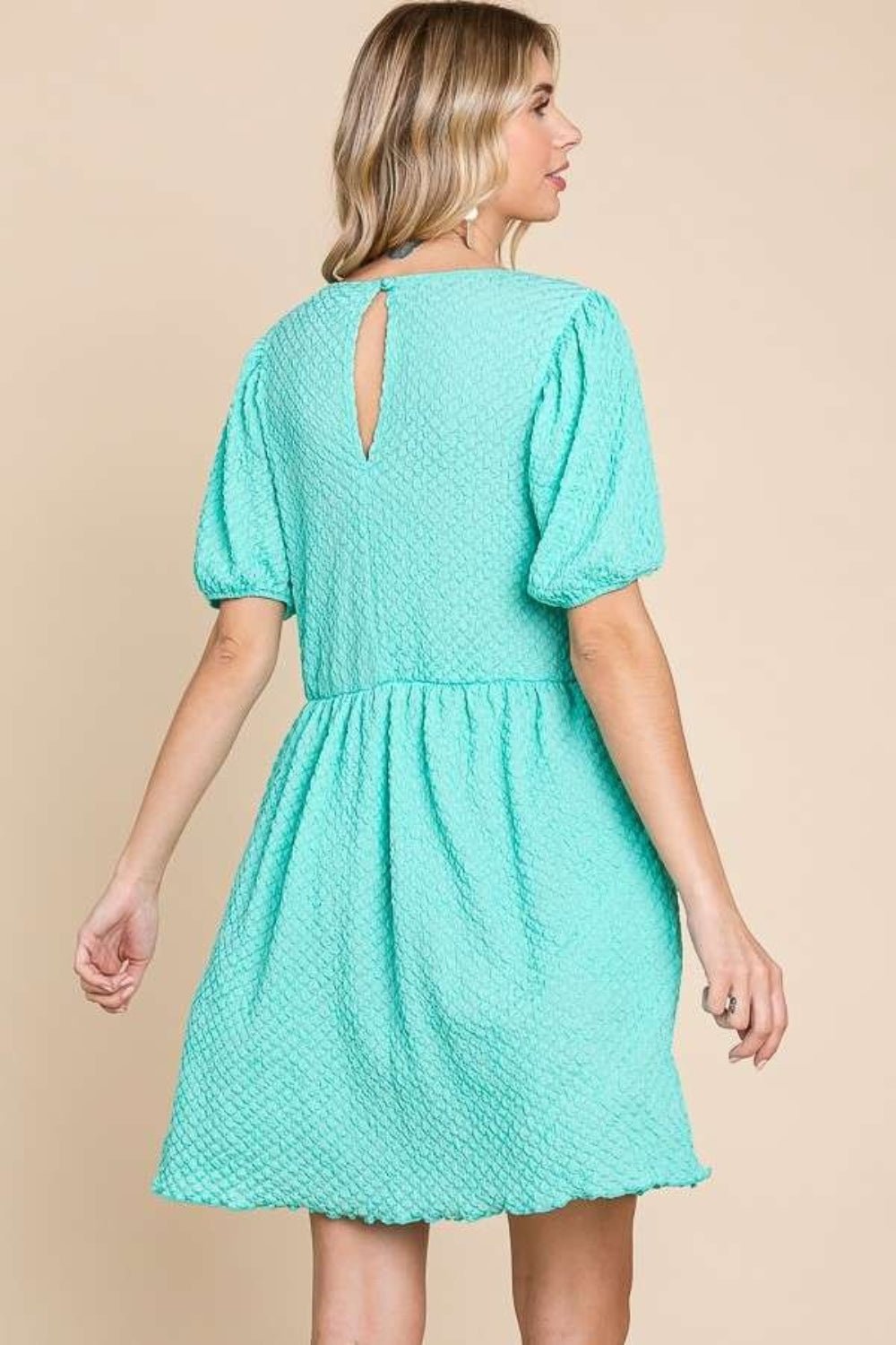 Culture Code Full Size Textured Round Neck Puff Sleeve Dress - Loulou Boutique