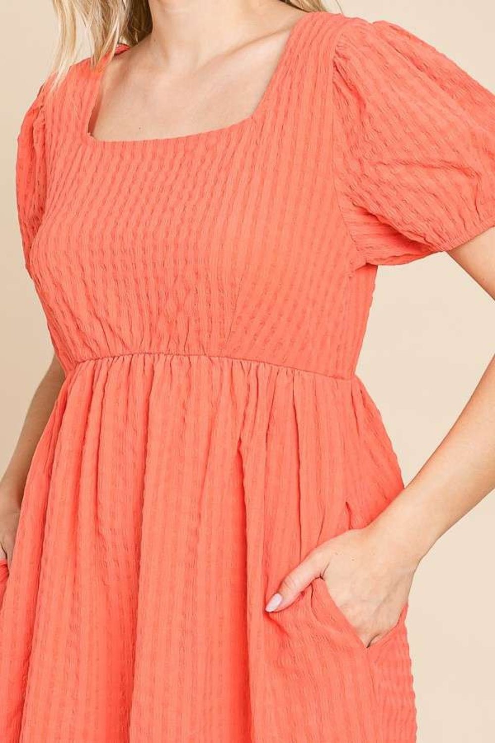 Culture Code Textured Square Neck Short Sleeve Dress - Loulou Boutique