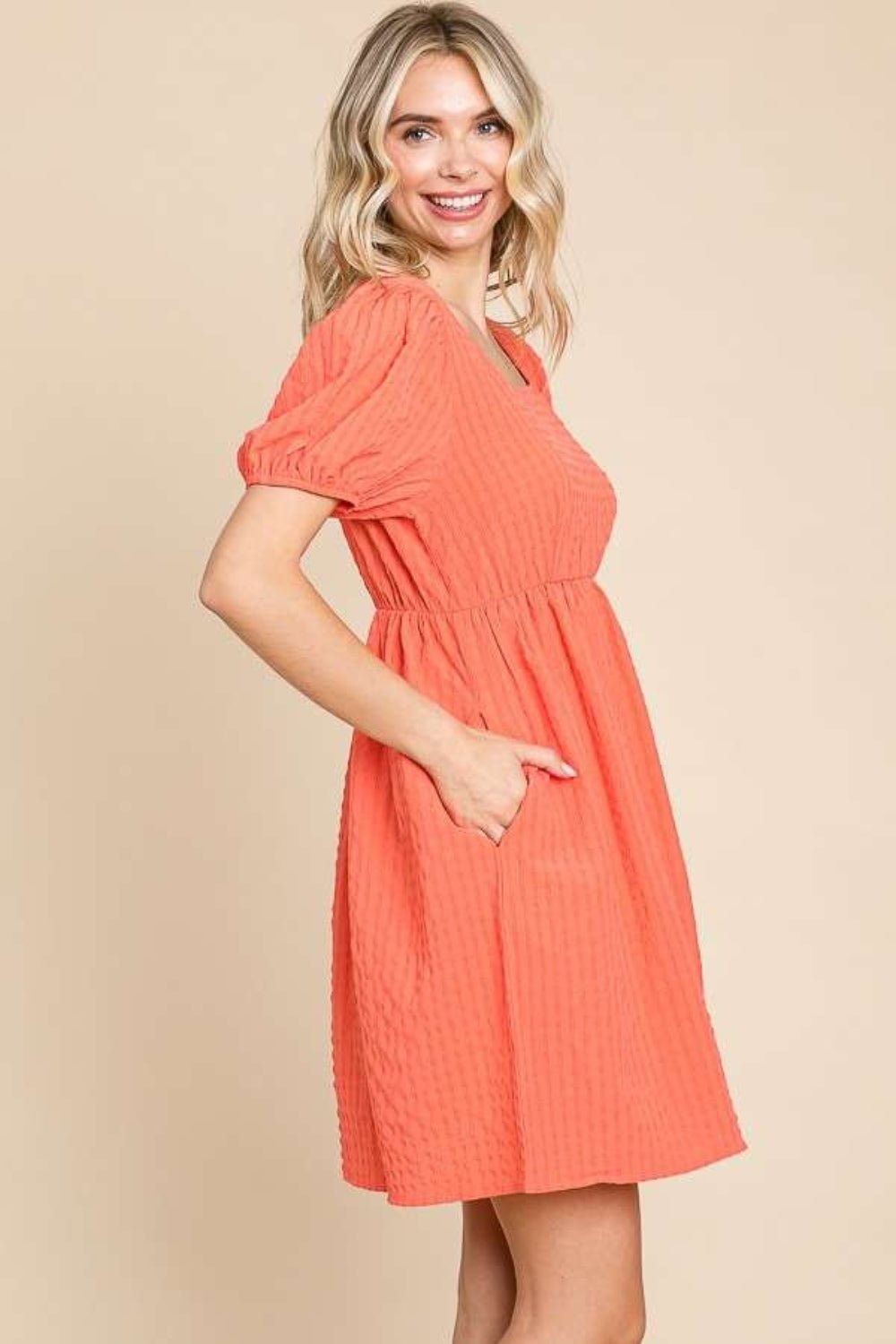 Culture Code Textured Square Neck Short Sleeve Dress - Loulou Boutique
