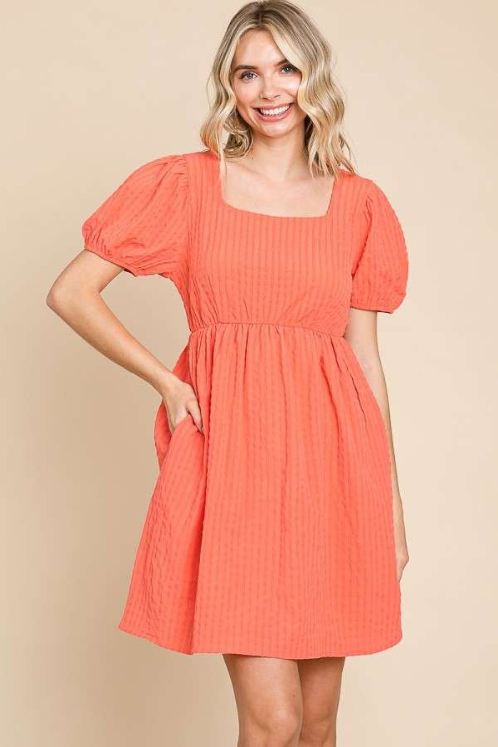 Culture Code Textured Square Neck Short Sleeve Dress - Loulou Boutique