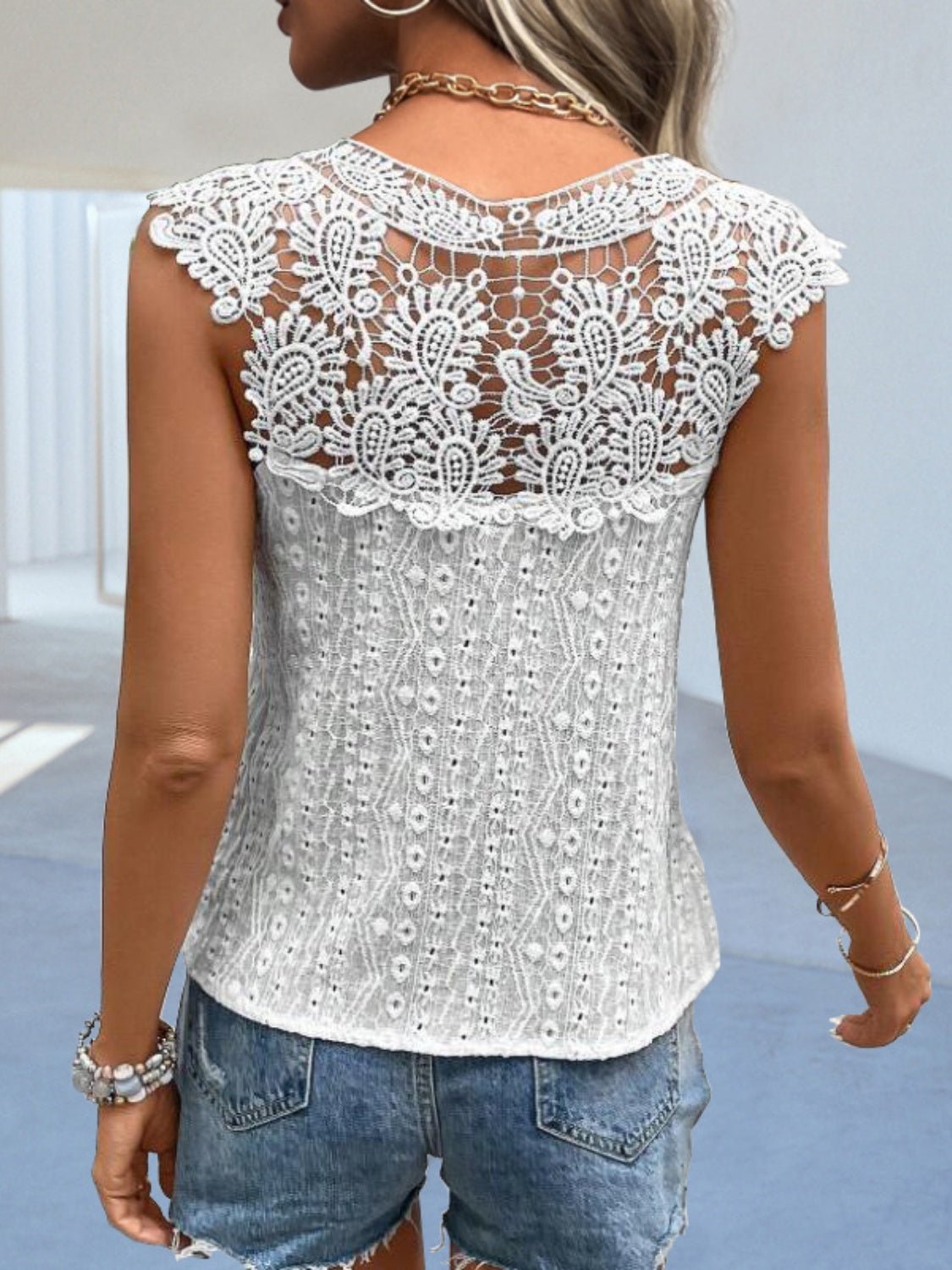 Cutout Lace Detail Notched Blouse - Loulou Boutique