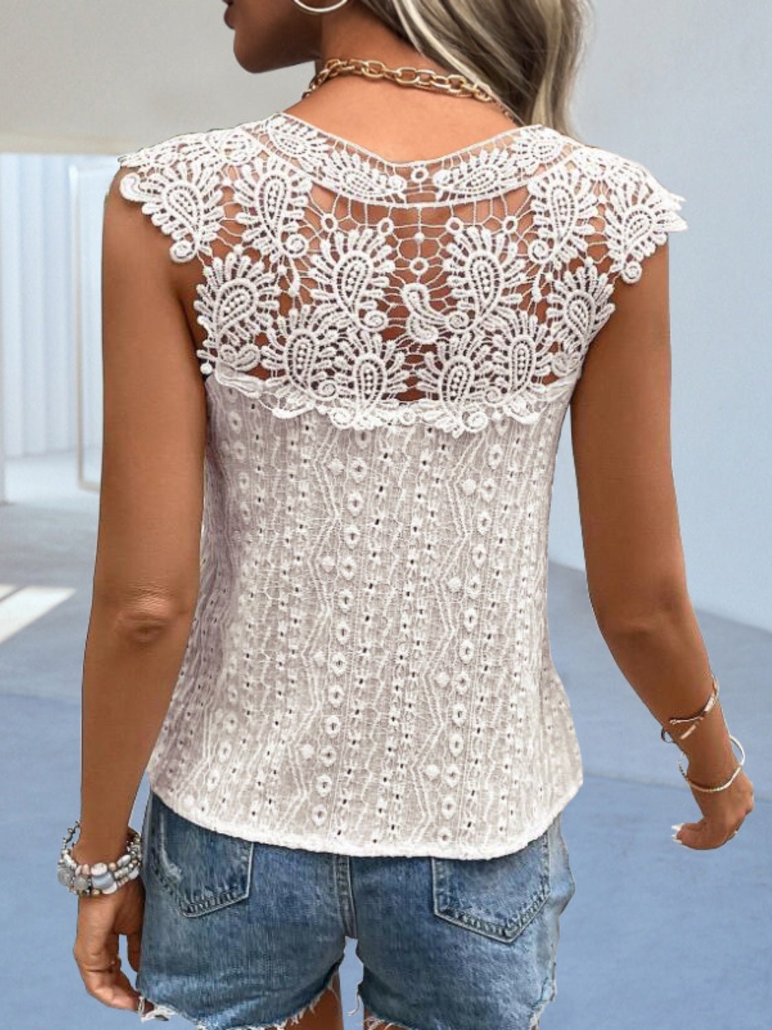 Cutout Lace Detail Notched Blouse - Loulou Boutique