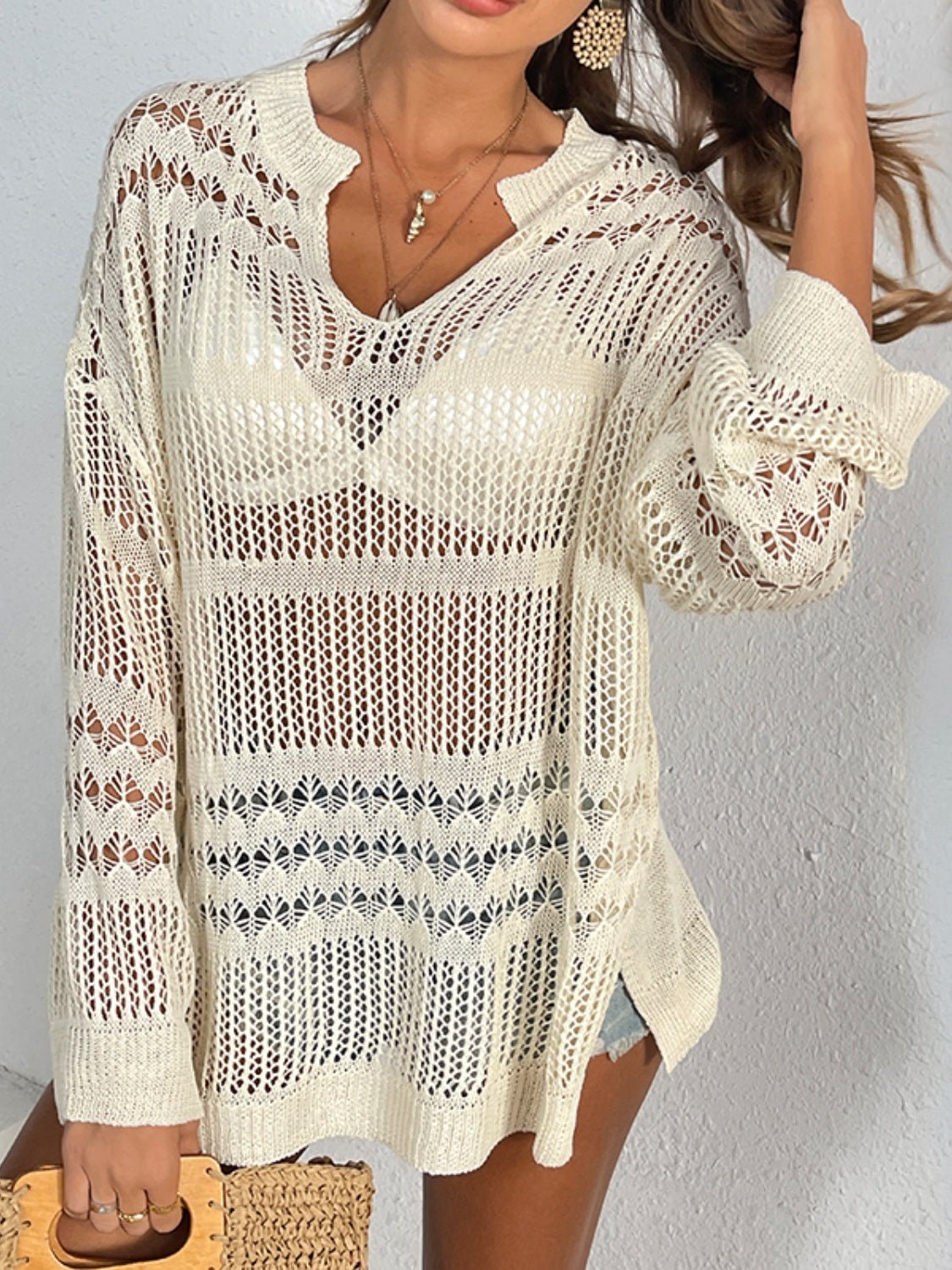 Cutout Notched Long Sleeve Cover - Up - Loulou Boutique