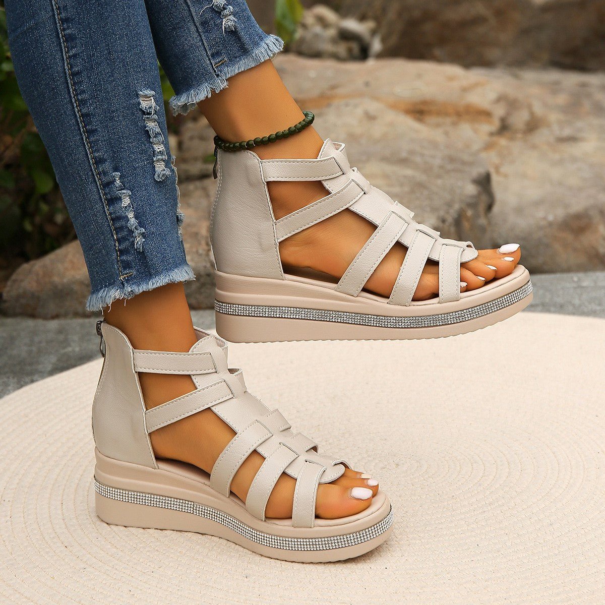 Cutout Rhinestone Trim Wedge Sandals - Loulou Boutique