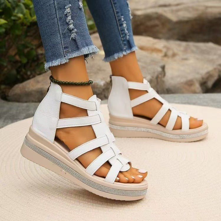 Cutout Rhinestone Trim Wedge Sandals - Loulou Boutique