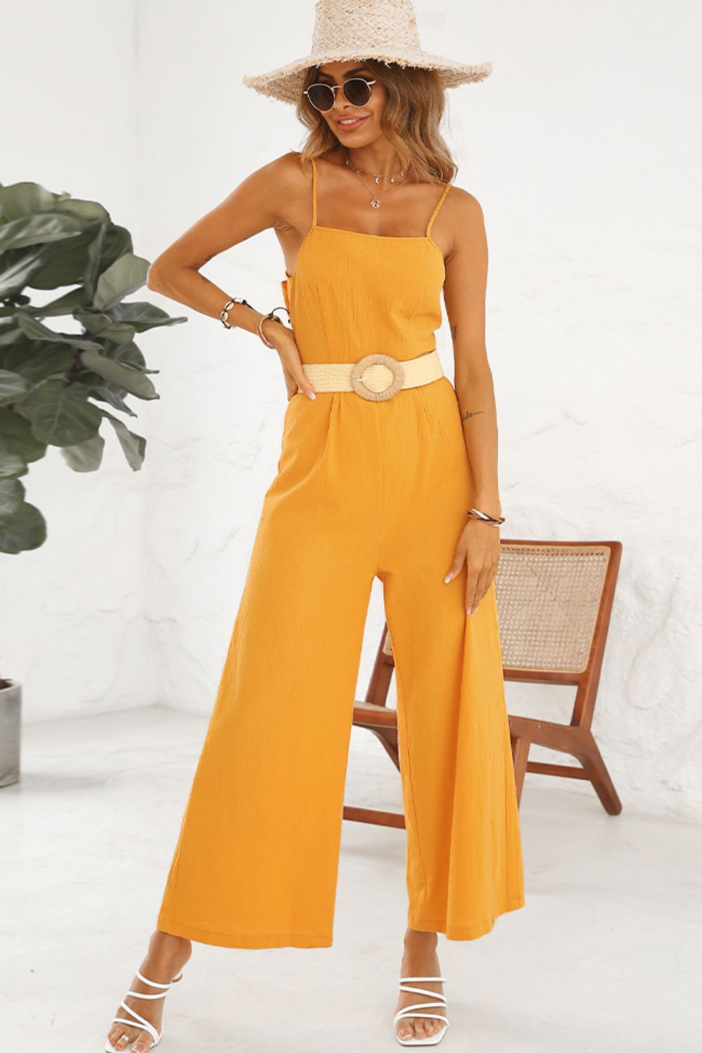 Cutout Spaghetti Strap Tie Back Wide Leg Jumpsuit - Loulou Boutique