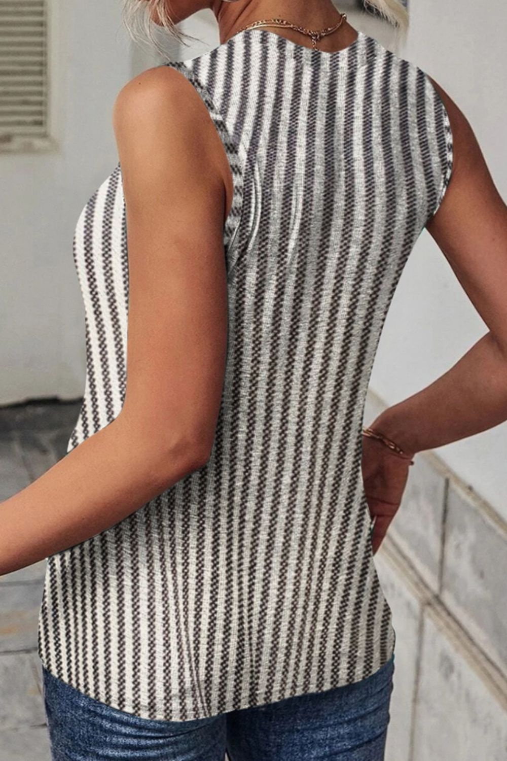 Cutout Striped Round Neck Tank - Loulou Boutique